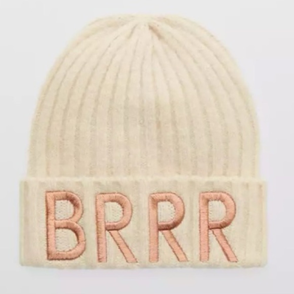 OFFLINE by Aerie Brrr Embroidered Graphic Ribbed Knit Beanie Cream Rose Gold